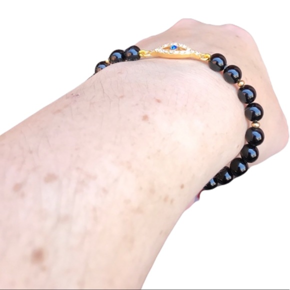 Evil Eye black agate Beaded stretch Bracelet - Picture 5 of 16